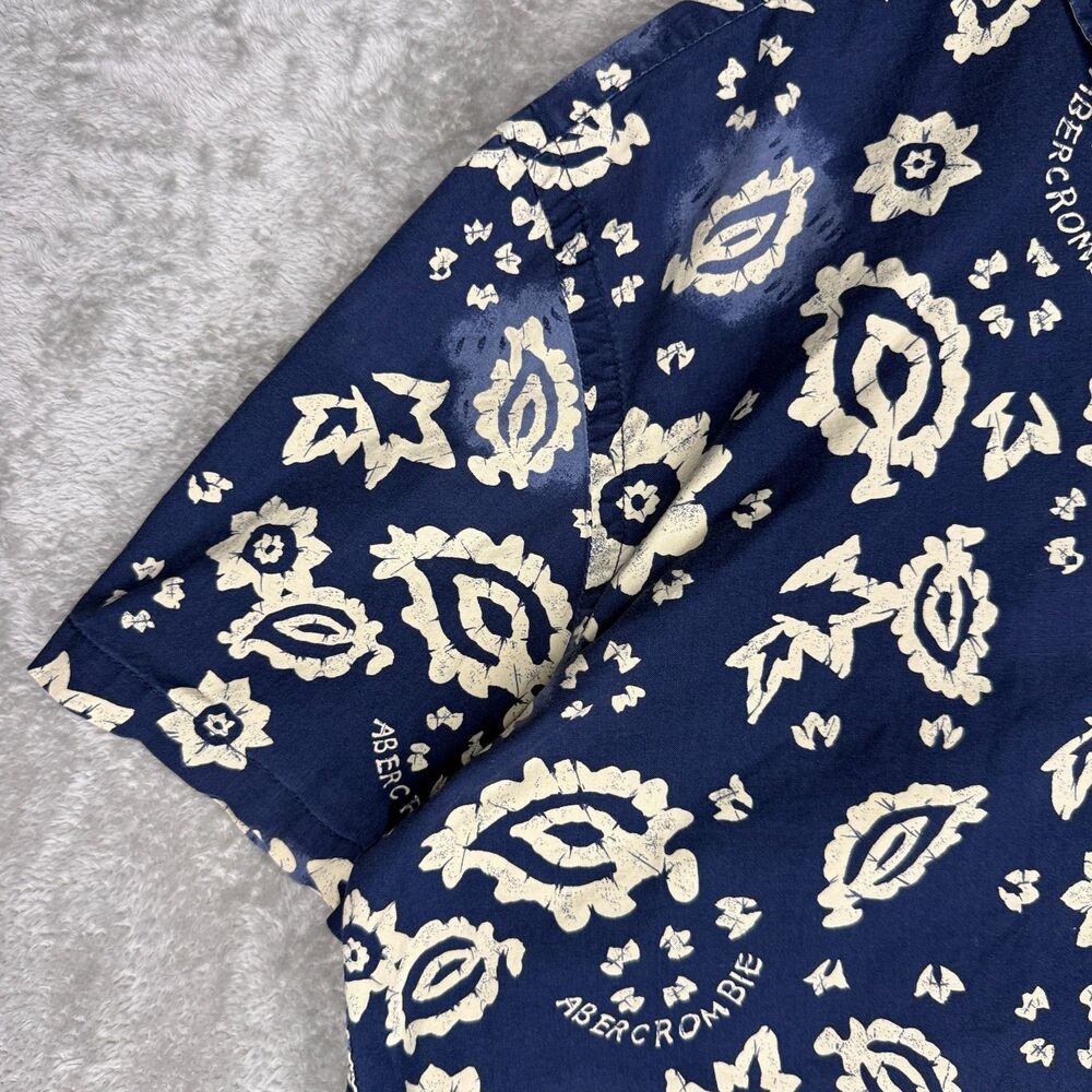 Vtg 90s Abercrombie & Fitch Hawaiian Shirt Mens Large Blue Floral Wood Buttons - Picture 7 of 11